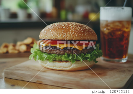 Juicy hamburger on a wooden table Juicy hamburger on a wooden table 120735132