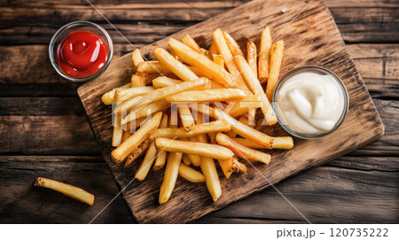 French fries potatoes on wooden board with ketchup and mayonnaise 120735222