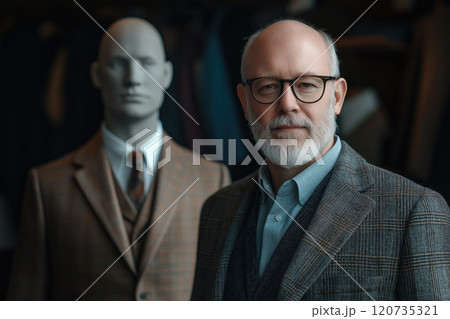 man fashion designer stands with sewing mannequin 120735321