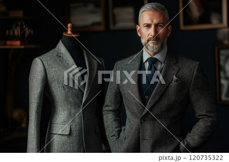 man fashion designer stands with sewing mannequin 120735322