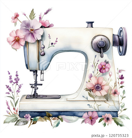 sewing machine decorated with some pink and purple flowers 120735323