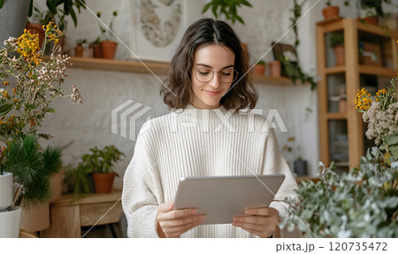 Woman using tablet in a cozy indoor setting 120735472