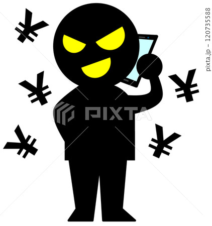 悪人の詐欺師が電話で人を騙して犯罪を犯すイラスト 120735588
