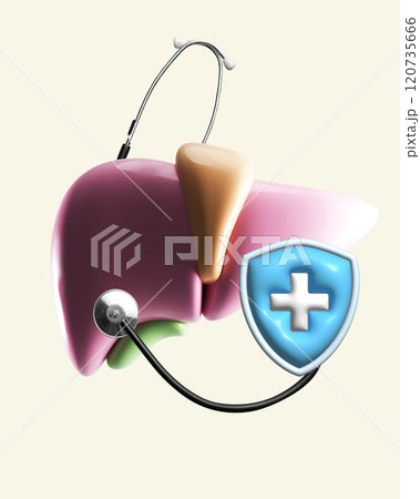 Contemporary art collage. 3D liver graphic featuring protective shield and stethoscope, highlighting liver protection, health diagnostics, and organ care. Contemporary art collage. 3D liver graphic featuring protective shield and stethoscope, highlighting liver protection, health diagnostics, and organ care. 120735666