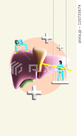 Contemporary art collage. 3D liver with healthcare workers and symbols, representing organ health, diagnosis, and medical treatment Contemporary art collage. 3D liver with healthcare workers and symbols, representing organ health, diagnosis, and medical treatment 120735674