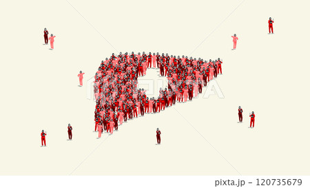 Contemporary art collage. Creative depiction of human figures forming shape of liver, symbolizing collective effort in medical care and health awareness. 120735679