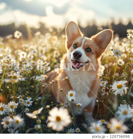 Happy Corgi Dog Surrounded by Daisies in a Field 120736098