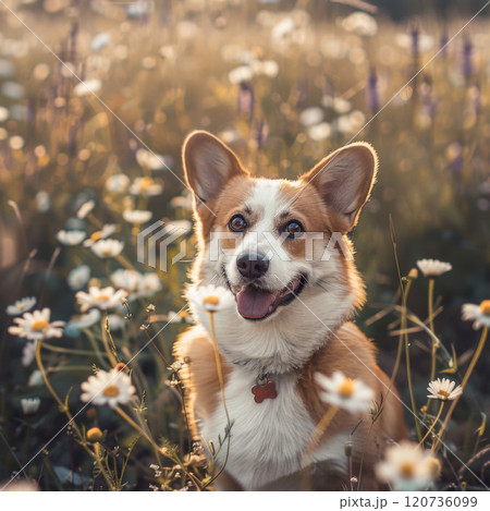 Happy Pembroke Welsh Corgi Dog in a Field of Daisies 120736099