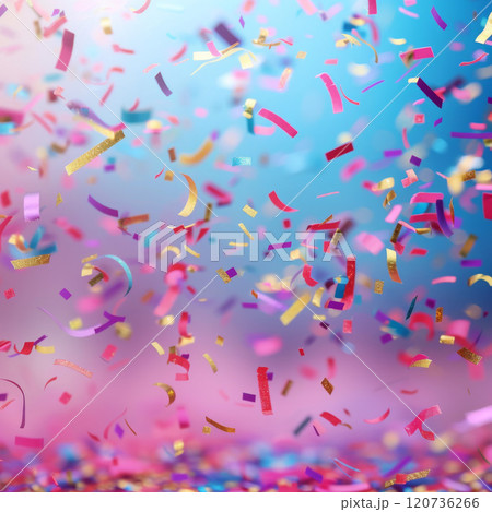 Colorful Confetti Falling Against a Blue and Pink Gradient Background 120736266