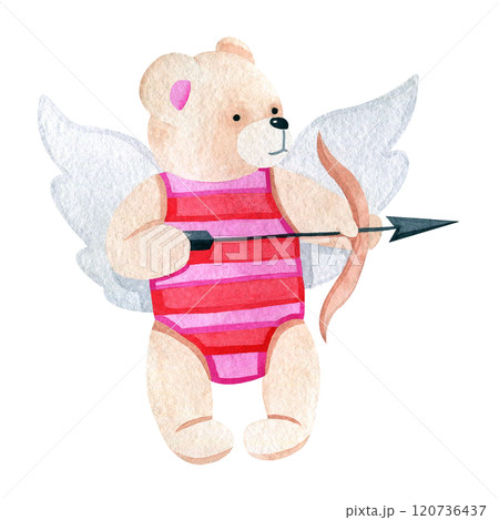 Valentine's day watercolor hand drawn illustration of cupid bear with wings and bow and arrow isolated on white background. Cute bear for greeting cards. Love, bear, arrow, wings 120736437