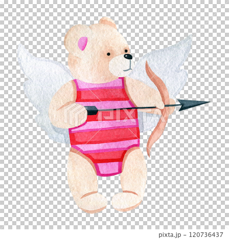 Valentine's day watercolor hand drawn illustration of cupid bear with wings and bow and arrow isolated on white background. Cute bear for greeting cards. Love, bear, arrow, wings Valentine's day watercolor hand drawn illustration of cupid bear with wings and bow and arrow isolated on white background. Cute bear for greeting cards. Love, bear, arrow, wings 120736437