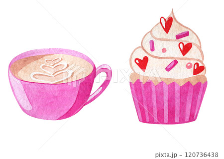 Valentine's day watercolor hand drawn illustration of cup of cappuccino and cupcake with hearts candies isolated on white background. Holiday cute illustration for greeting cards Valentine's day watercolor hand drawn illustration of cup of cappuccino and cupcake with hearts candies isolated on white background. Holiday cute illustration for greeting cards 120736438