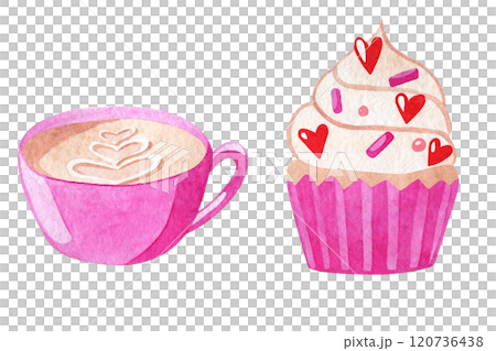 Valentine's day watercolor hand drawn illustration of cup of cappuccino and cupcake with hearts candies isolated on white background. Holiday cute illustration for greeting cards Valentine's day watercolor hand drawn illustration of cup of cappuccino and cupcake with hearts candies isolated on white background. Holiday cute illustration for greeting cards 120736438