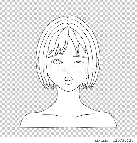 A monochrome illustration of a hanger mannequin of a woman with a bob cut who is winking and pouting 120736526