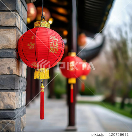 Red lanterns adorn traditional building, celebrating Lunar New Year 120736651
