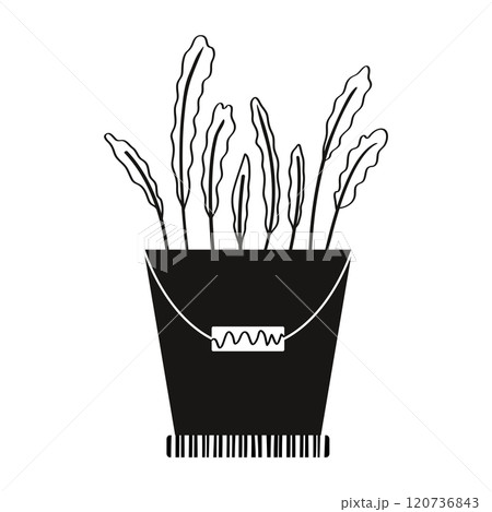 Twigs of plants in a pot- bucket image of a silhouette of a plant monochrome drawing. Vector illustration of a potted plant. Home decor. Icon, print. 120736843