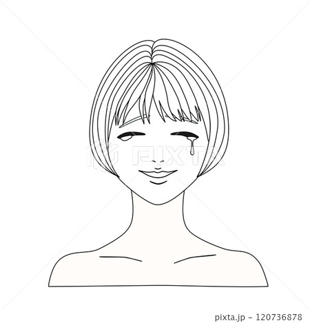 泣き笑いするショートボブ女性のモノクロでハンガーマネキンのイラストモデル 120736878