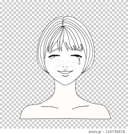 泣き笑いするショートボブ女性のモノクロでハンガーマネキンのイラストモデル 120736878