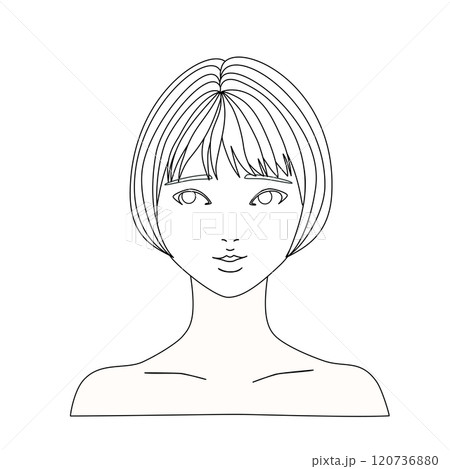 右上を見るショートボブ女性のモノクロでハンガーマネキンのイラストモデル 120736880