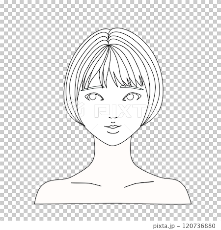 右上を見るショートボブ女性のモノクロでハンガーマネキンのイラストモデル 120736880