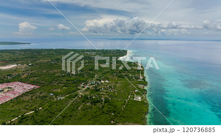 Beautiful beach, palm trees by turquoise water view from above. Bantayan island, Philippines. 120736885