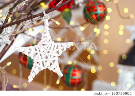 Decorative ornament for Christmas tree star shape with branches and berries on lights background 120736906