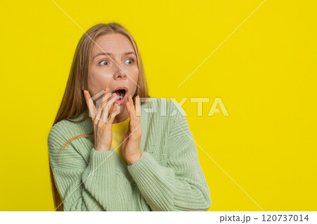 Scared fearful depressed woman suffering phobia, anxiety disorder, expresses fear, stress panic Scared fearful depressed woman suffering phobia, anxiety disorder, expresses fear, stress panic 120737014