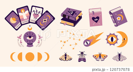 Esoteric and divination concept. Bohemian magic set, withcore aesthetic. Mystical Spiritual Astrology elements, tarot cards, books and Folk insects. Trendy vector illustration, hand drawn, flat Esoteric and divination concept. Bohemian magic set, withcore aesthetic. Mystical Spiritual Astrology elements, tarot cards, books and Folk insects. Trendy vector illustration, hand drawn, flat 120737078
