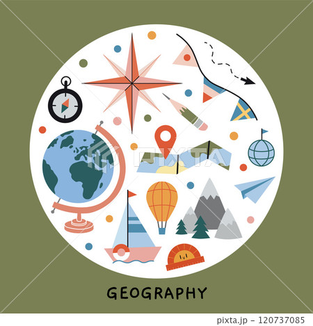Geography lesson at school, travel concept. Round composition with globe, wind rose, compass, mountains, map, hot air balloon and ship. Vector illustration isolated on white, hand drawn, flat Geography lesson at school, travel concept. Round composition with globe, wind rose, compass, mountains, map, hot air balloon and ship. Vector illustration isolated on white, hand drawn, flat 120737085