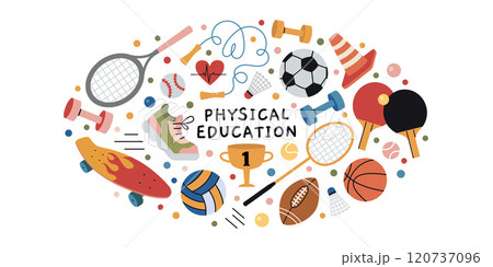 Physical education training, lesson at school, sports and active lifestyle concept. Oval art with ball, racket, sneaker, dumbbell, jumping rope and cup. Vector illustration, hand drawn, flat Physical education training, lesson at school, sports and active lifestyle concept. Oval art with ball, racket, sneaker, dumbbell, jumping rope and cup. Vector illustration, hand drawn, flat 120737096