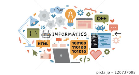 Computer science and programming lesson at school, IT education concept. Oval art with computer, laptop, languages, console, pixel art and digital interface. Vector illustration, hand drawn, flat 120737098