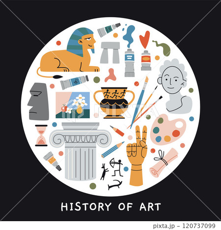 History of Art lesson at school, education for artists. Round art with paints, brushes, pencil, drawings, capital, ancient art monuments, cultural heritage. Vector illustration, hand drawn, flat History of Art lesson at school, education for artists. Round art with paints, brushes, pencil, drawings, capital, ancient art monuments, cultural heritage. Vector illustration, hand drawn, flat 120737099