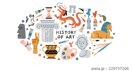 History of Art lesson at school, education for artists. Oval art with paints, brushes, pencil, drawings, capital, ancient art monuments, cultural heritage. Vector illustration, hand drawn, flat 120737100