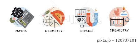 Math, geometry, physics and chemistry lesson at school, education concept. Round icon with attributes of exact and natural sciences. Trendy modern vector illustration, hand drawn, flat design 120737101