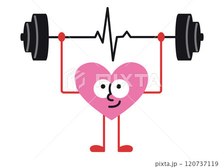 Symbol of cardio training and cardiovascular health, metaphor of training the heart muscle with a kettlebell, cute character. Trendy modern vector illustration isolated on white, hand drawn, flat Symbol of cardio training and cardiovascular health, metaphor of training the heart muscle with a kettlebell, cute character. Trendy modern vector illustration isolated on white, hand drawn, flat 120737119