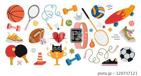 Sports equipment big set. Cardio, running and strength training. Jump rope, sneakers, fitness tracker, dumbbell, balls, rackets and skateboard. Trendy modern isolated vector illustration, flat Sports equipment big set. Cardio, running and strength training. Jump rope, sneakers, fitness tracker, dumbbell, balls, rackets and skateboard. Trendy modern isolated vector illustration, flat 120737121