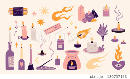 Scented Candles and incense. Aromatherapy, Esoteric concept, magic set. Rest relaxation, witchcraft and sorcery. Trendy modern vector illustration, hand drawn, flat design 120737128