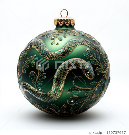 Green Christmas tree toy with a snake image, New Year's design. Christmas tree decoration Green Christmas tree toy with a snake image, New Year's design. Christmas tree decoration 120737657
