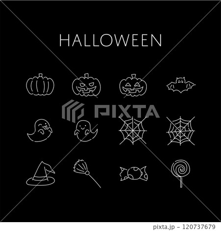 ハロウィンに関するものを集めた手描きのゆるいイラストセット 120737679