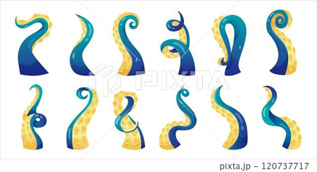Tentacle octopus monster isolated decorative elements. Sea fish arm, cartoon Kraken. Squid cut leg Cthulhu. Giant hand scary in water ocean, funny creature animal mascot. Vector tidy illustration Tentacle octopus monster isolated decorative elements. Sea fish arm, cartoon Kraken. Squid cut leg Cthulhu. Giant hand scary in water ocean, funny creature animal mascot. Vector tidy illustration 120737717
