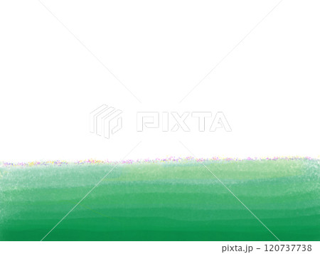 水彩とパステルで描いたグリーンの草原に花畑が見える背景 120737738