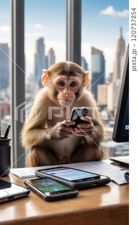 illustration of a monkey using smartphone phone inside city office with messy desk 120737854