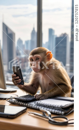 illustration of a monkey using smartphone phone inside city office with messy desk 120737855