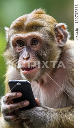 illustration of a monkey using smartphone phone in jungle 120737858