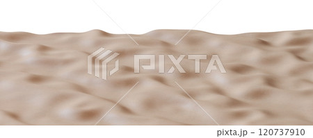 Natural, realistic sand footer in soft beige tones with subtle wavy patterns, isolated on white background. Sandy foreground, bottom of the page. Panoramic, wide design element, cut out. 3D render. Natural, realistic sand footer in soft beige tones with subtle wavy patterns, isolated on white background. Sandy foreground, bottom of the page. Panoramic, wide design element, cut out. 3D render. 120737910