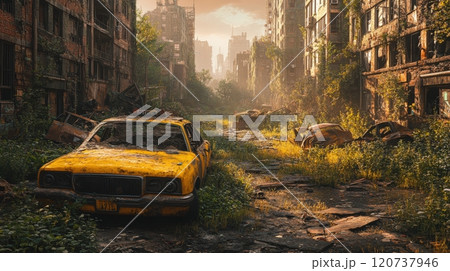 A post apocalyptic cityscape with crumbling buildings, overgrown vegetation, and a sense of desolation and decay, hinting at a lost civilization 120737946