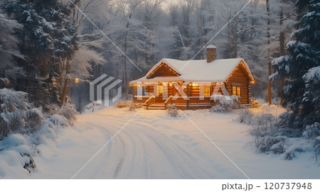 A cozy wooden cabin decorated with holiday lights, set amidst a snowy forest. 120737948