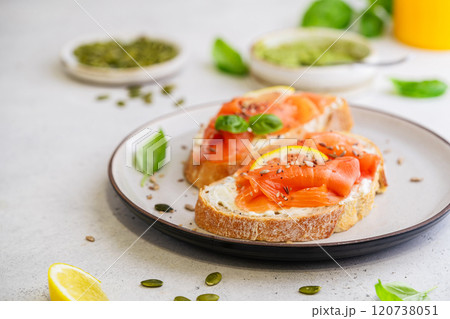Sandwich with cream cheese and salmon Sandwich with cream cheese and salmon 120738051