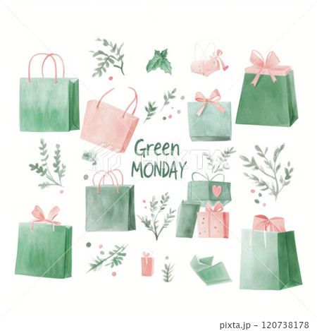 Pastel colored gift boxes and shopping bags with green natural leaves, concept of green Monday sale Pastel colored gift boxes and shopping bags with green natural leaves, concept of green Monday sale 120738178