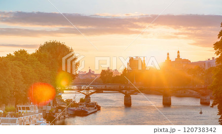 View to Pont des Arts in Paris at sunset timelapse, France 120738342
